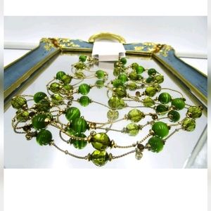New goldtone double strand long green beaded necklace